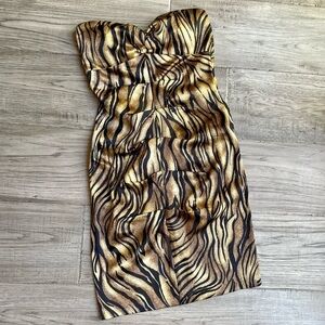 Vintage Jump Apparel Strapless Mini Dress Animal Print Ruching Gold/Brown SZ 5/6